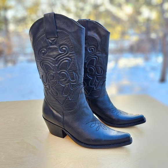 Penny Loves Kenny Shoes - Penny Loves Kenny Calf Leather Womens Western Cowbow Black Boots, Preowned, 7.5M